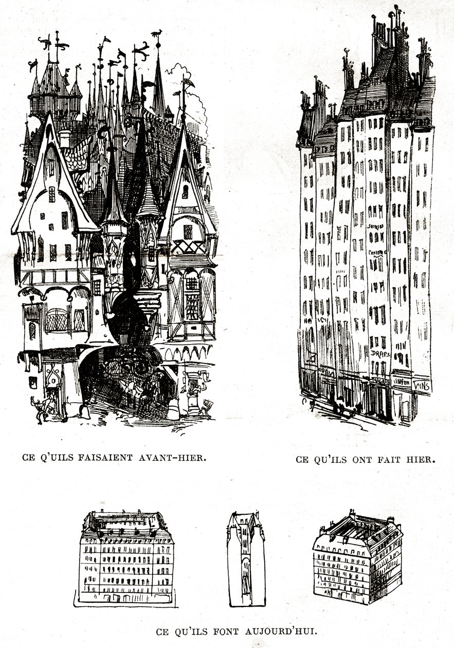 Kritik af det moderne byggeris grimhed i Paris med fortidens, nutidens og fremtidens arkitektur af Albert Robida
