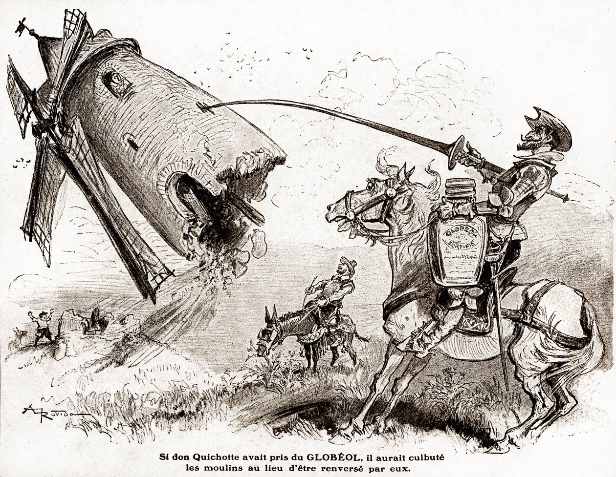 Don Quijote for en reklame for den befæstning Globeol, omkring 1916 (illustration) af Albert Robida