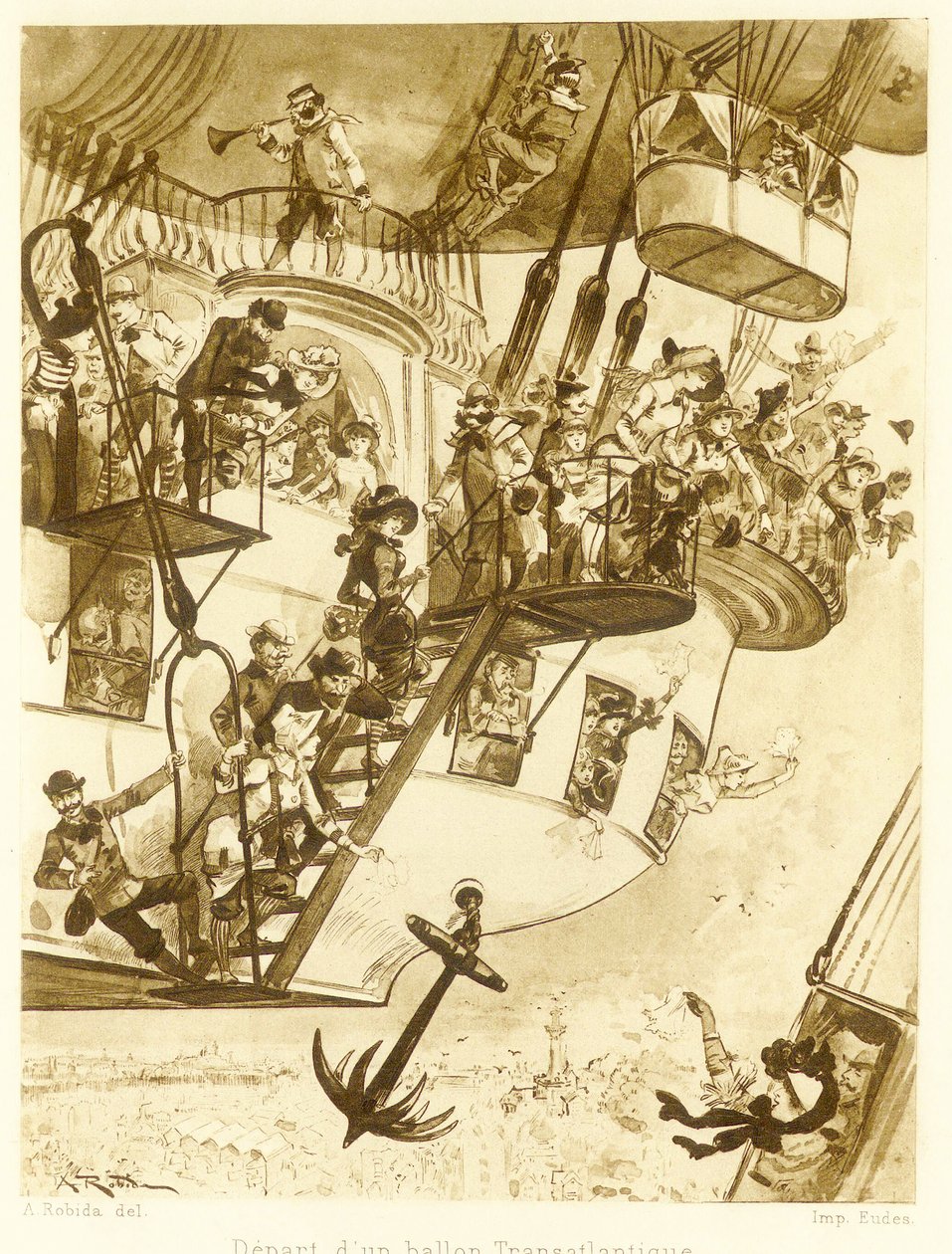 Afgang af en transatlantisk ballon, fra Le Vingtieme Siecle, pub. 1883 af Albert Robida
