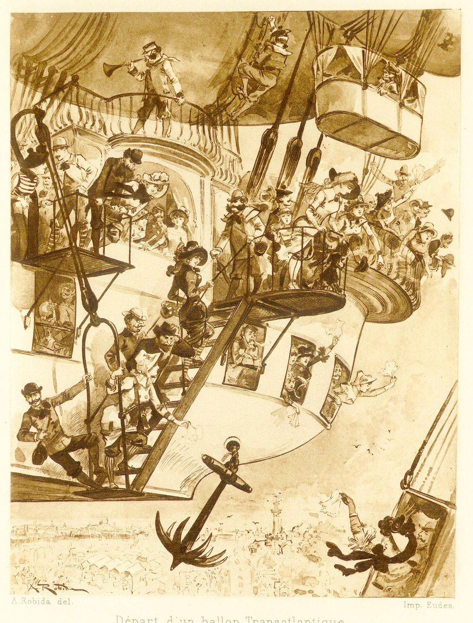 Afgang af en transatlantisk ballon, fra Le Vingtieme Siecle, pub. 1883 litografi, 1883. af Albert Robida