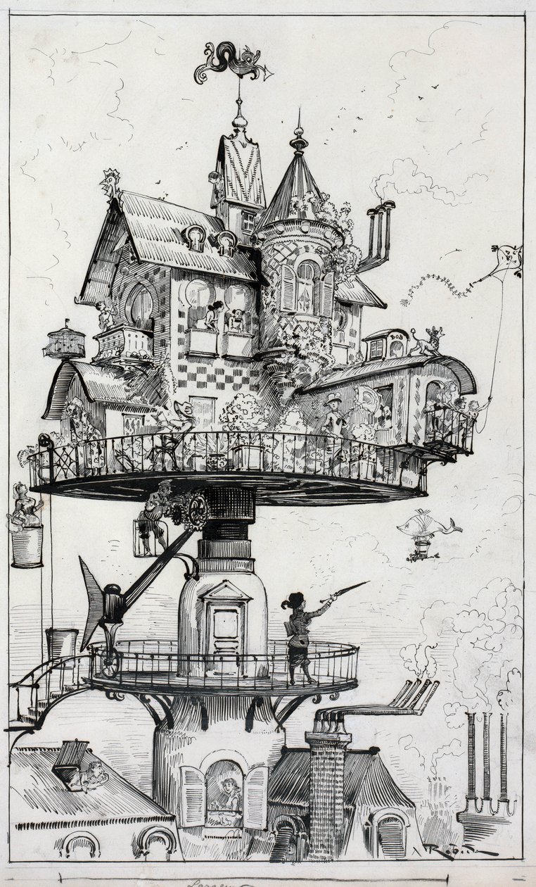 Tegningen viser en boligstruktur hævet over tagene og designet til at dreje og justere i forskellige retninger, tegning af Albert Robida ca. 1883 af Albert Robida