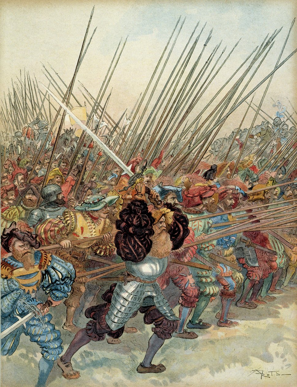Femte italienske krig (1515-1516): Schweizisk angreb på Francois I (1494-1547) og hans venetianske allieredes våben ved Marignan (Italien) af Albert Robida