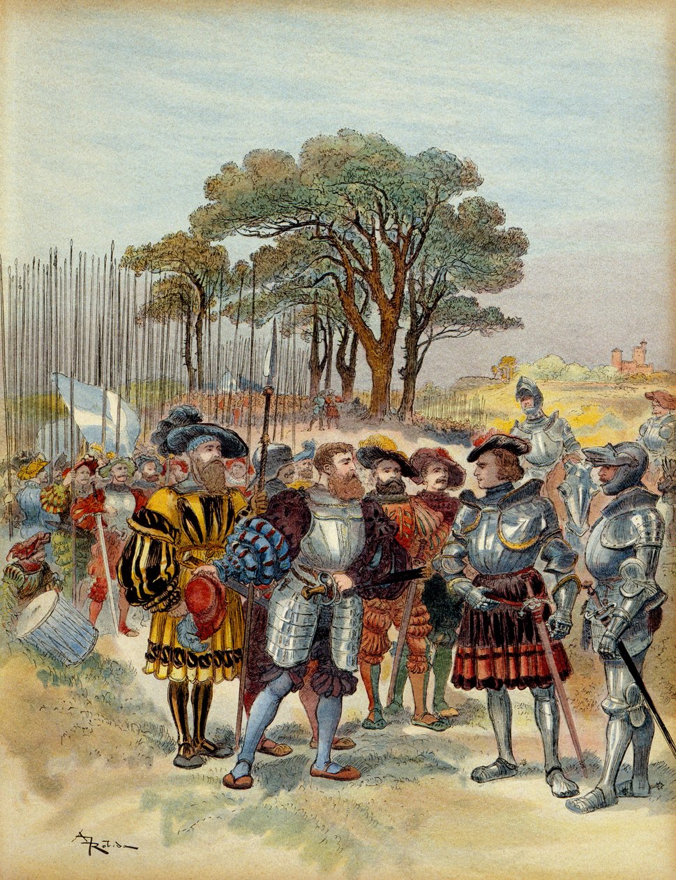 Femte italienske krig (1515-1516): i lejren, der trak sig tilbage fra Bicocca (bicoque) foran Milano (Italien), i 1516 krævede schweizerne løn, conge eller kamp, Odet de Foix, Viscount de Lautrec, marechal of France (1485-1528) kunne ikke betale dem. Illus af Albert Robida