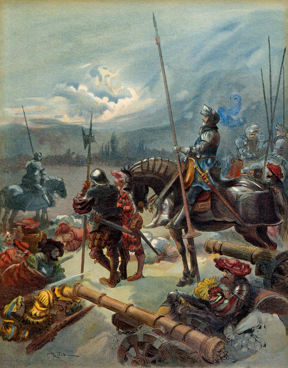 Femte italienske krig (1515-1516): Natten til Marignan (Italien), mellem 13. og 14. september 1515. Illustration af Albert Robida