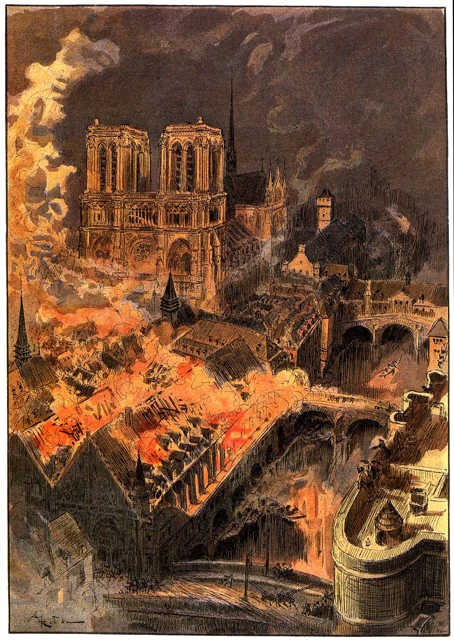 Brand på Hotel-Dieu, nær Notre-Dame de Paris, natten mellem den 29. og 30. december af Albert Robida