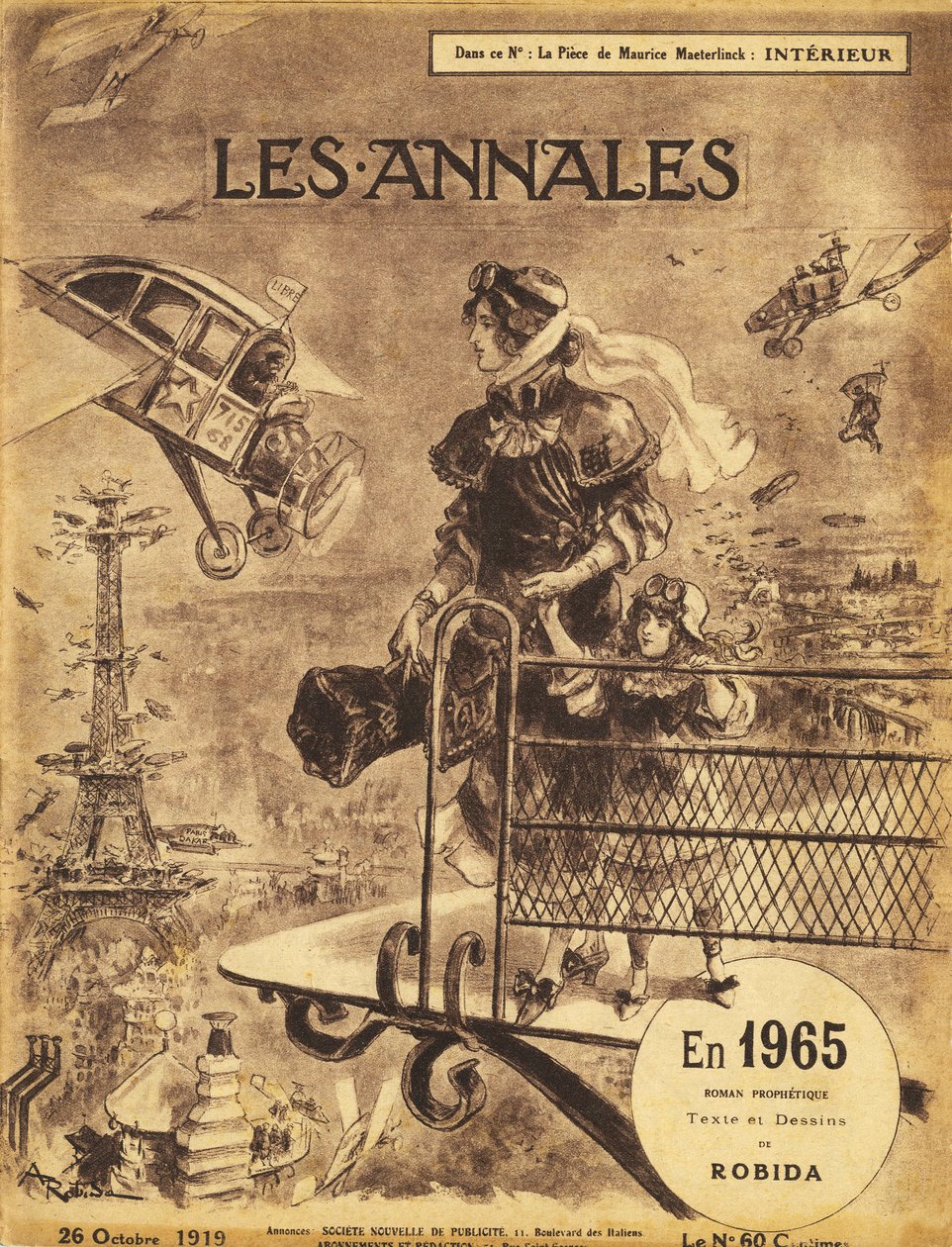 Første udgivelse af den profetiske roman "En 1965"" af Albert Robida (1848-1926) i 1919 i magasinet "Annales Politiques et Litteraires" - Paris lider af trafikpropper... i himlen! Selvflyvende (selvflyvende) og taxafly (fly af Albert Robida