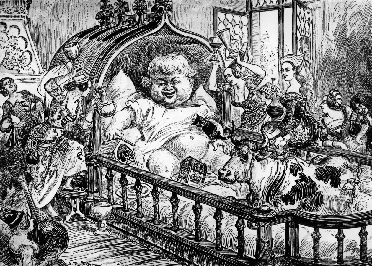 Store og uvurderlige kronikker af det store og enorme gigantiske Gargantua anonyme værk, der inspirerede Francois Rabelais til "Pantagruel" i 1532, gravering af Albert Robida: her Gargantua som en baby af Albert Robida