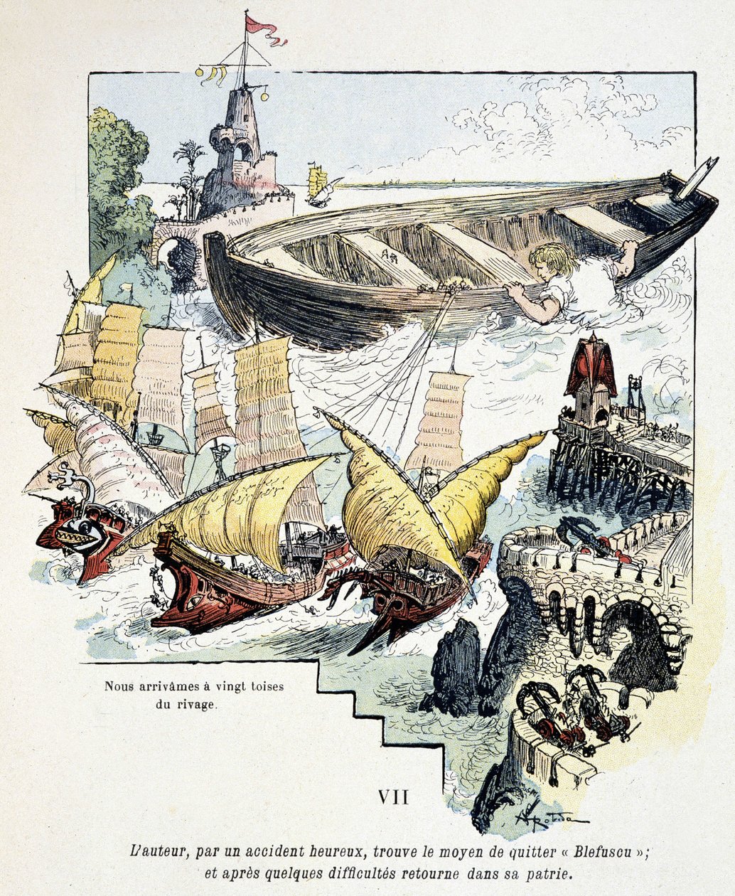 Gulliver og hans gigantiske båd i Lilliputians havn - i "" Voyages de Gulliver"" af Jonathan Swift (1721), ill. af Robida af Albert Robida