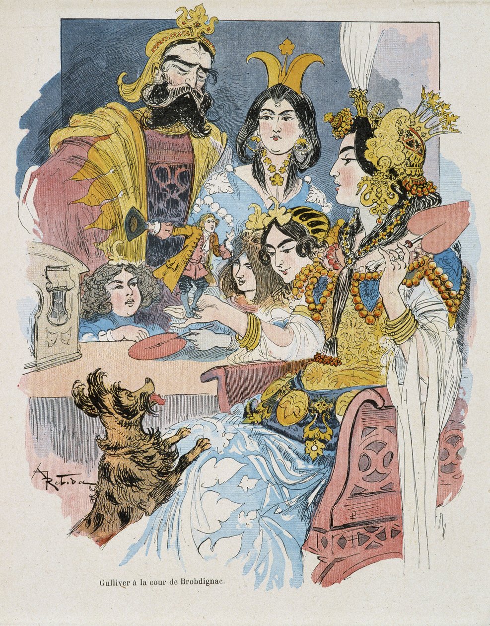 Gulliver ved Brobdignac Court - i "" Gulliver Voyages"" af Swift, ill. af Robida af Albert Robida