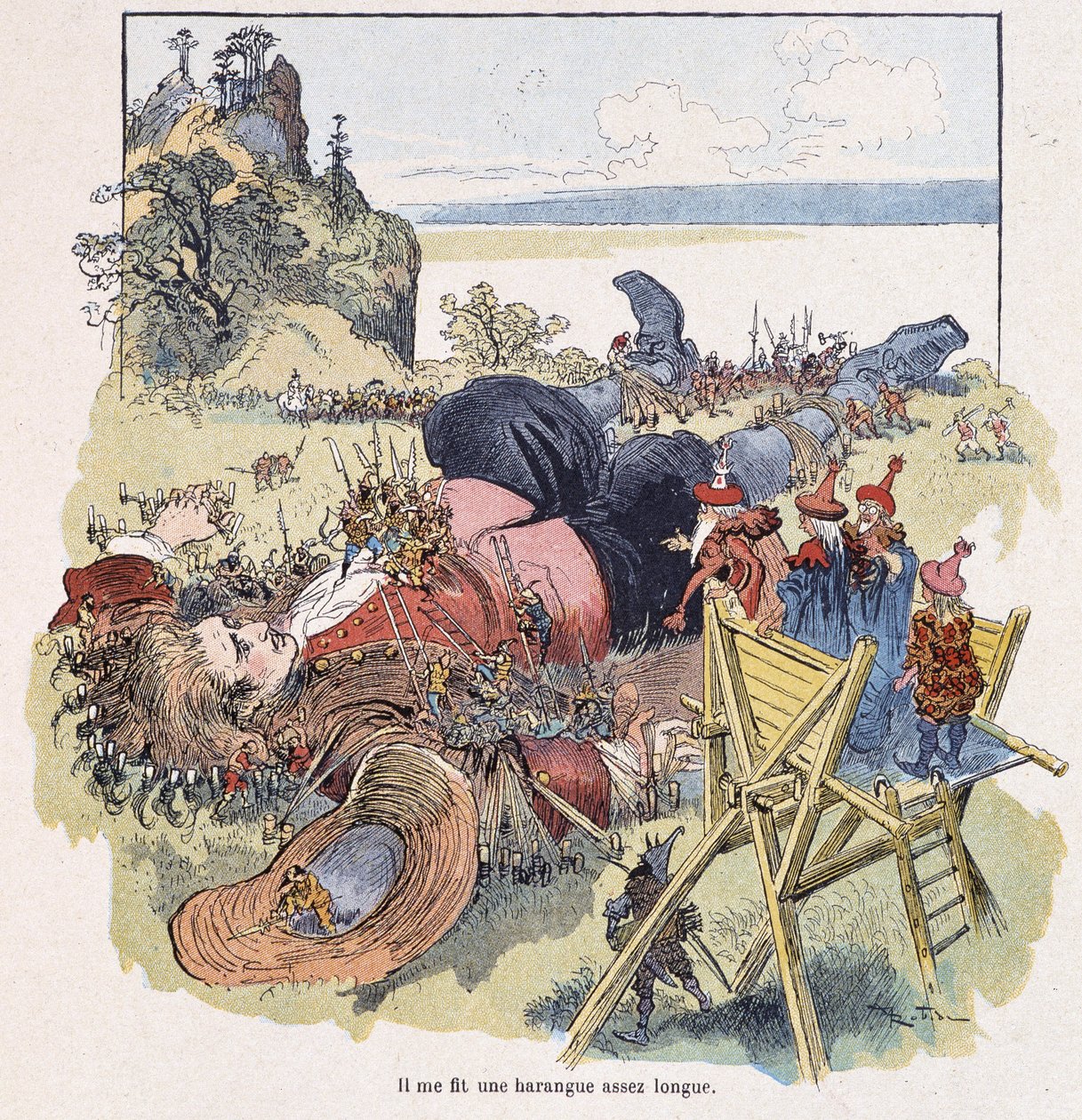 Gulliver bundet af Lilliputians - i "" Gulliver Voyages"" af Swift, ill. af Robida af Albert Robida