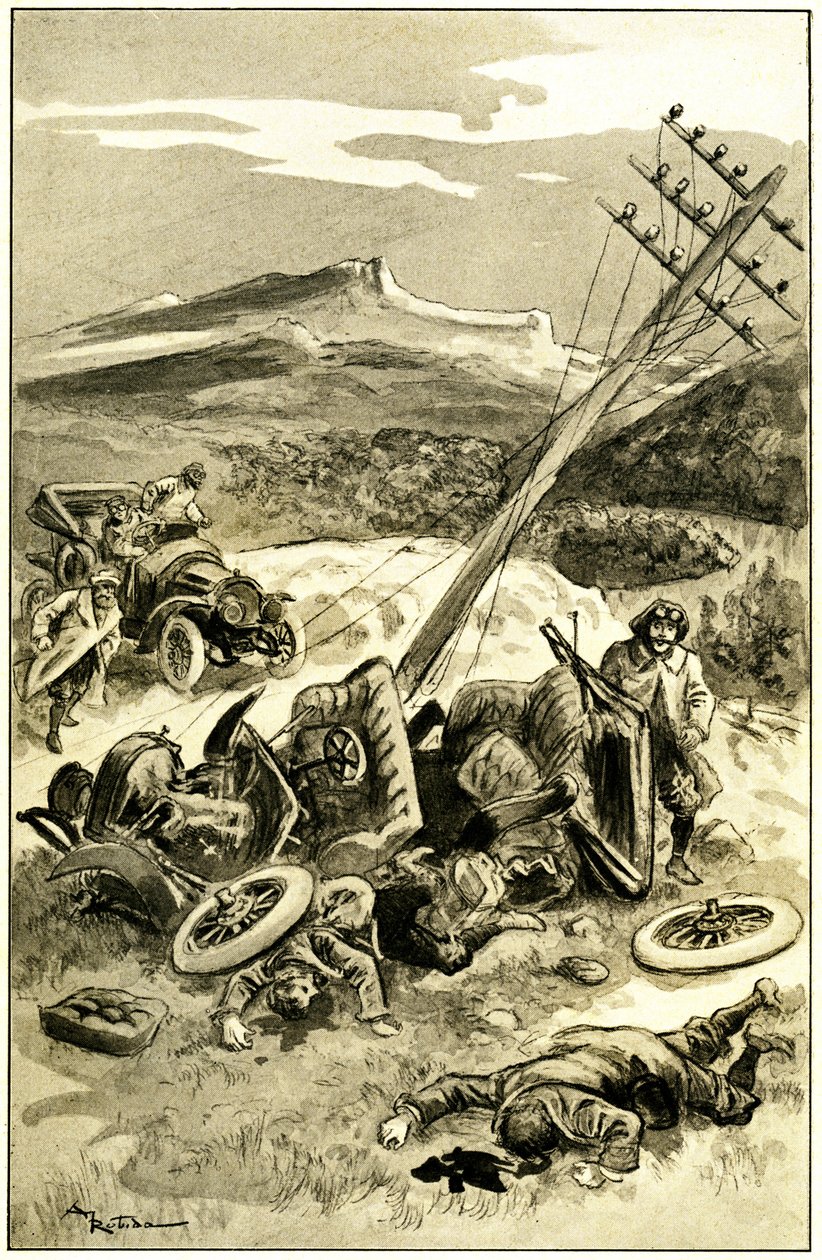 Illustration af Albert Robida (1848-1926) til Leon Berthaults bog "" Le record du tour du monde "", Mame-udgave fra det 20. århundrede (1911) - en trafikulykke omkring 1900: bil ramte en telegrafisk linjestang. Udstødte passagerer er såret - af Albert Robida