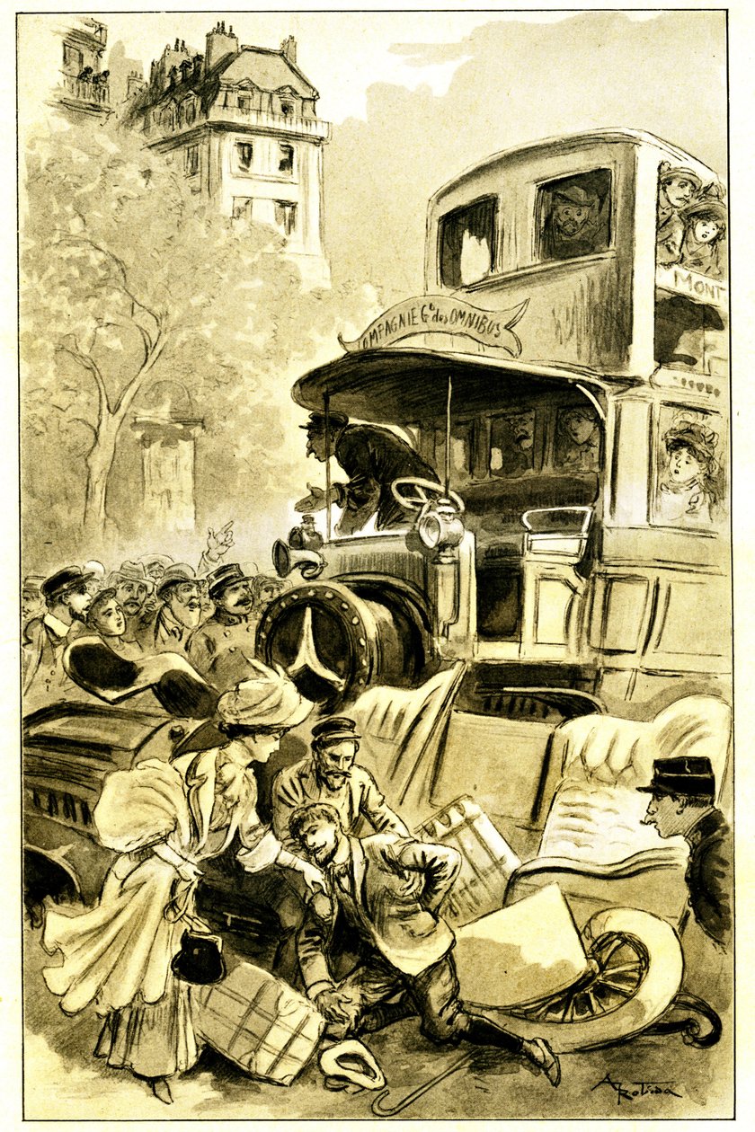 Illustration af Albert Robida (1848-1926) til Leon Berthaults bog "Le record du tour du monde", udgave Mame debut 20. århundrede (1911) - en trafikulykke i Paris omkring 1900: bil ramt af en omnibus. Chaufføren er kvæstet - af Albert Robida