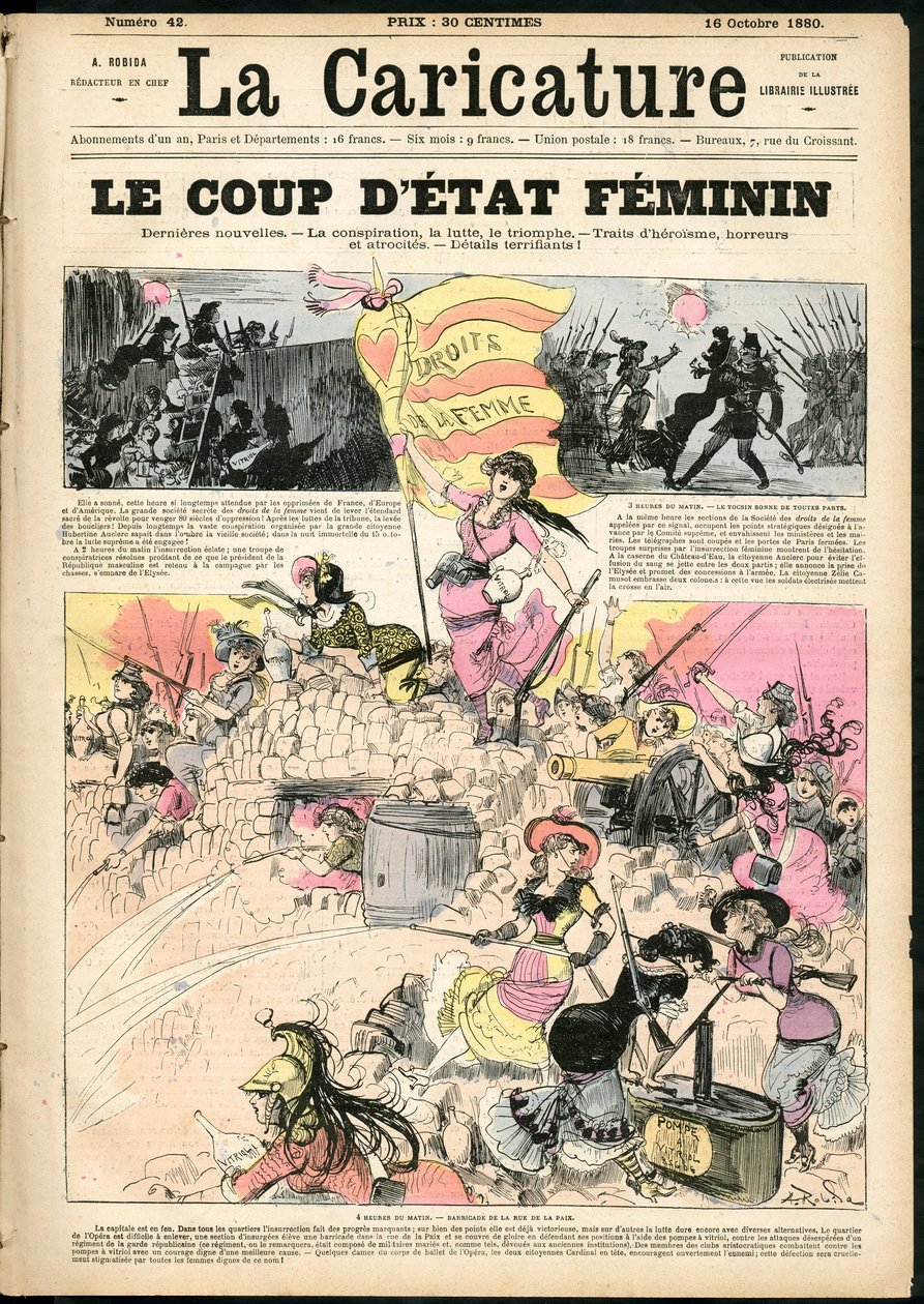 Illustration af Albert Robida (1848-1926) til forsiden af La Caricature (1880) af Albert Robida