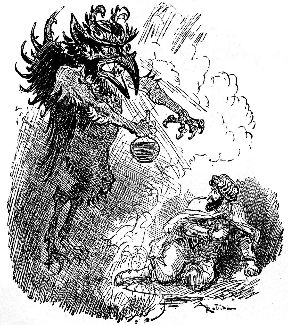 Albert Robidan (1848-1926) kuvitus arabilegendasta (1001 yötä) (Tales of the Thousand and One Nights): kamala demoni (paha henki) esittelee miehelle pullon viiniä. kaiverrus kirjasta "Choix de luennot" Armand Colin 1926. af Albert Robida