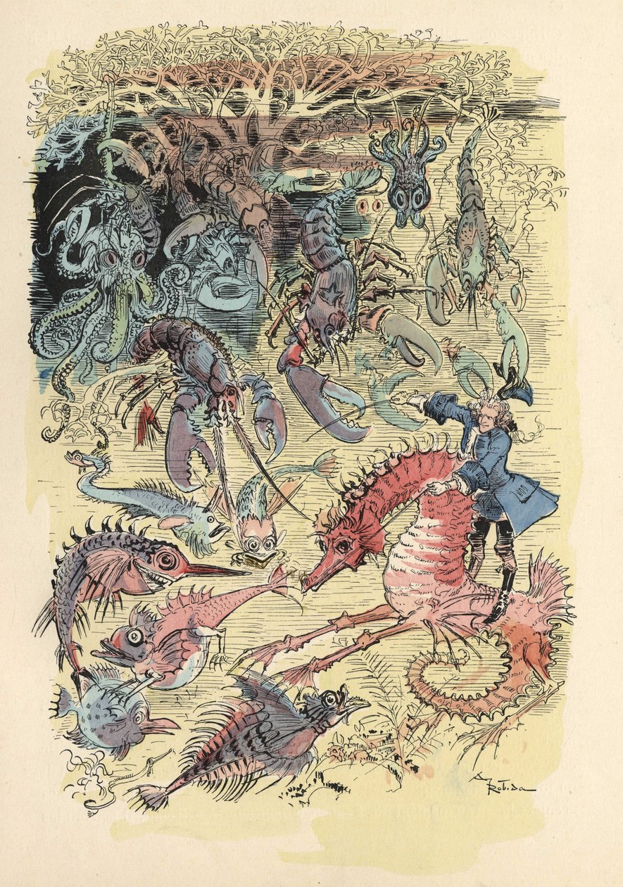 Illustration af Albert Robida i Baron de Munchausens historie og eventyr" (Munchhausen), H. Laurens Ed., slutningen af det 19. århundrede." af Albert Robida