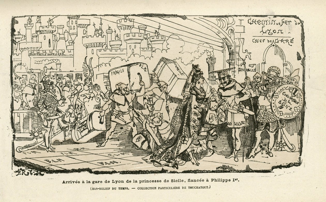 Kuva Albert Robidasta (1848-1926) Histoire de France tintamarresquessa, n. 1880 - Station, Ancien hallinto, Sisilia - Philippe I af Albert Robida