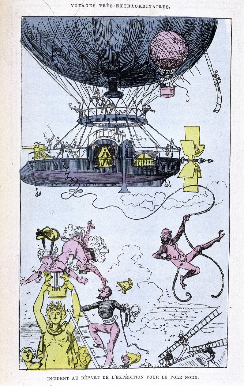 Hændelse ved afgang af ekspeditionen til Nordpolen (aerostat og skøre scener), parodi på Jules Verne, "" Meget ekstraordinære rejser af Saturnin Farandoul i 5 eller 6 dele af verden og i alle de lande, der er kendt eller ukendt for Mr. Jules Verne” af Albert Robida
