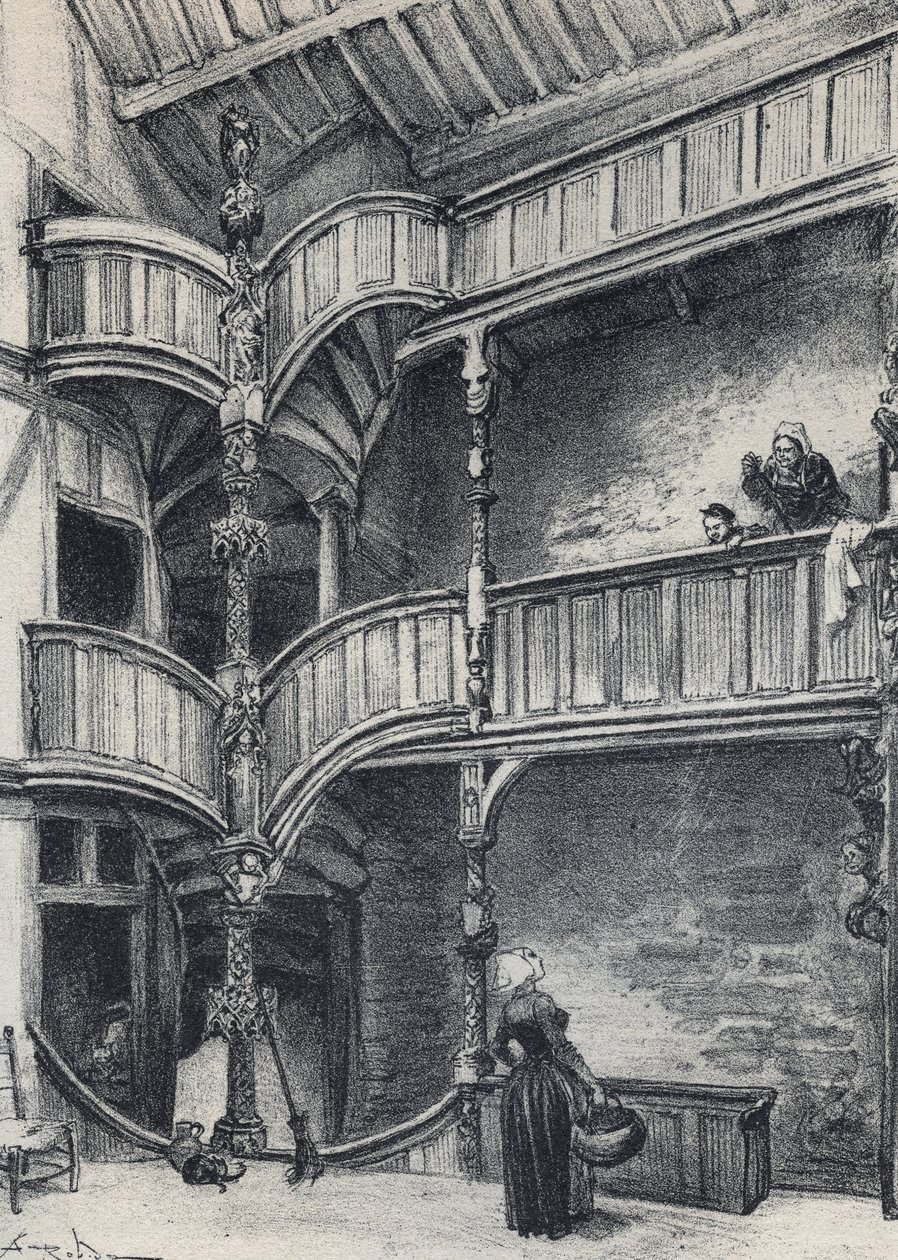 Interiør af et hus i Morlaix - Det gamle Frankrig - Bretagne - tekst, tegninger og litografier, af Albert Robida (1848-1926) udateret slutningen af 1800-tallet af Albert Robida