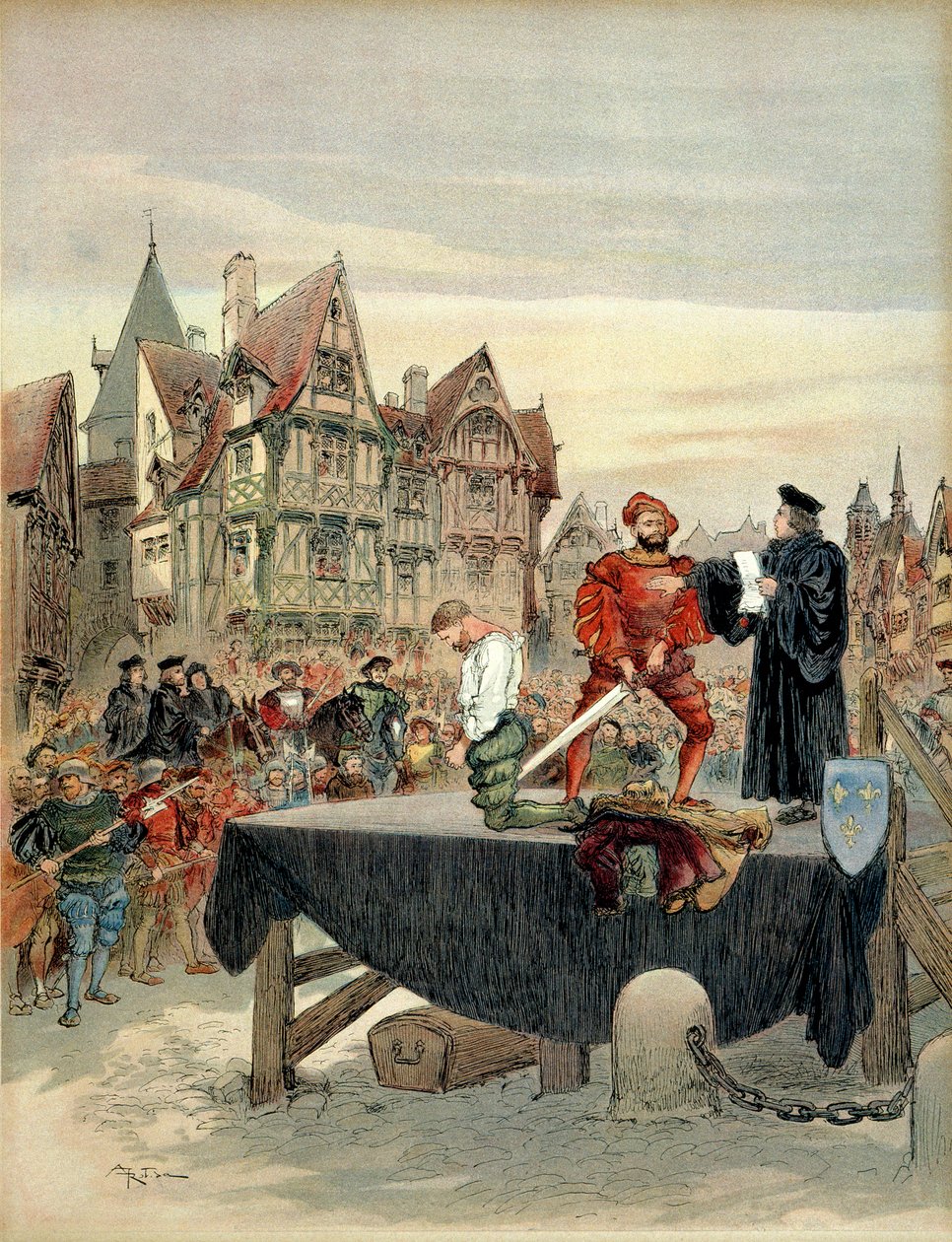 Jean de Poitiers, seigneur af Saint Vallier (ca. 1475-1539), kaptajn for vagterne hos Charles de Bourbon (1489-1537) var nådefuld på stilladset i 1524. Illustration af Albert Robida