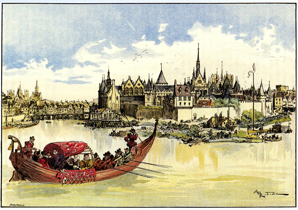 Kong Henri III i en båd, der lægger den første sten til Pont Neuf over Seinen i Paris, 31. maj. af Albert Robida