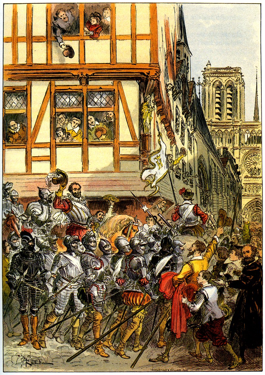 Kong Henri IV af Frankrig blev tiljublet af folkemængden, da han ankom til Notre-Dame efter overgivelsen af Paris den 22. marts. af Albert Robida