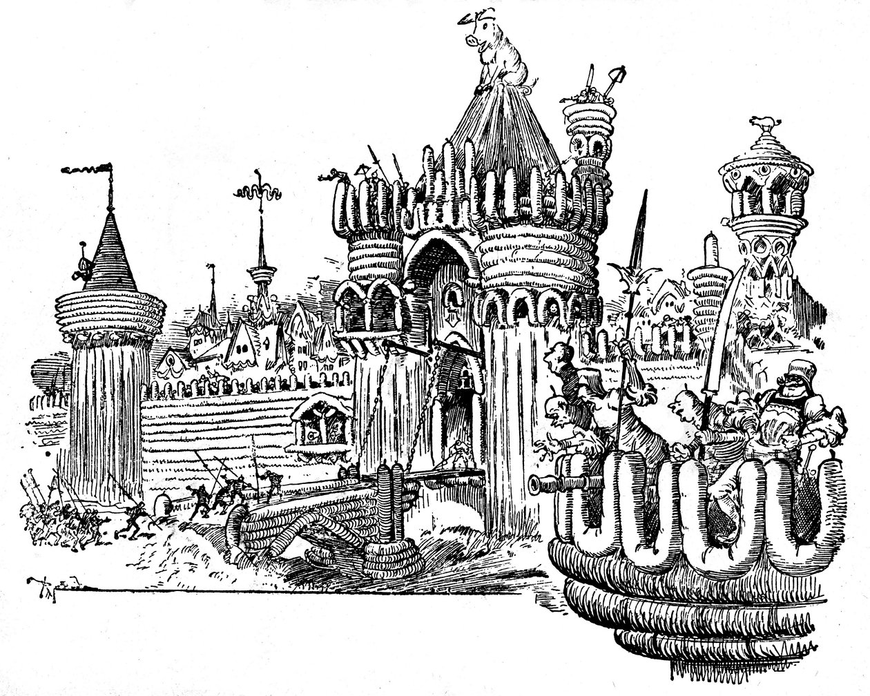 La Cite des Angouiles. Bymuren er lavet af stykker pålæg (pølse, budding), en stor gris sidder på taget af et tårn ved indgangsporten. Illustration af Albert Robida (1848-1926) til en episode af Fourth Livre af Francois Rabelais - L af Albert Robida