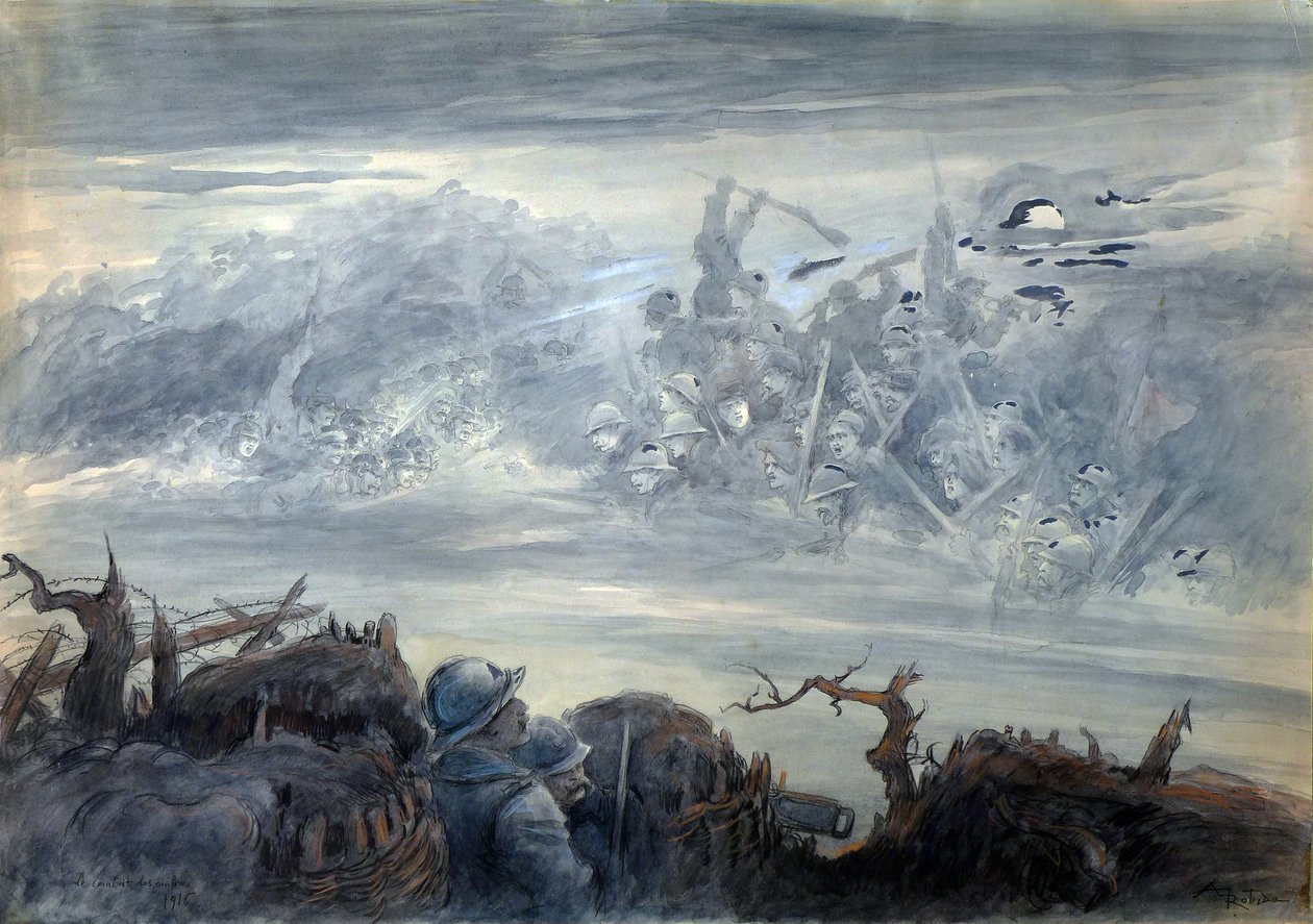 Le combat des ombres: poilus dans une tranchee forestiller sig et angreb fra spøgelsessoldater af Albert Robida