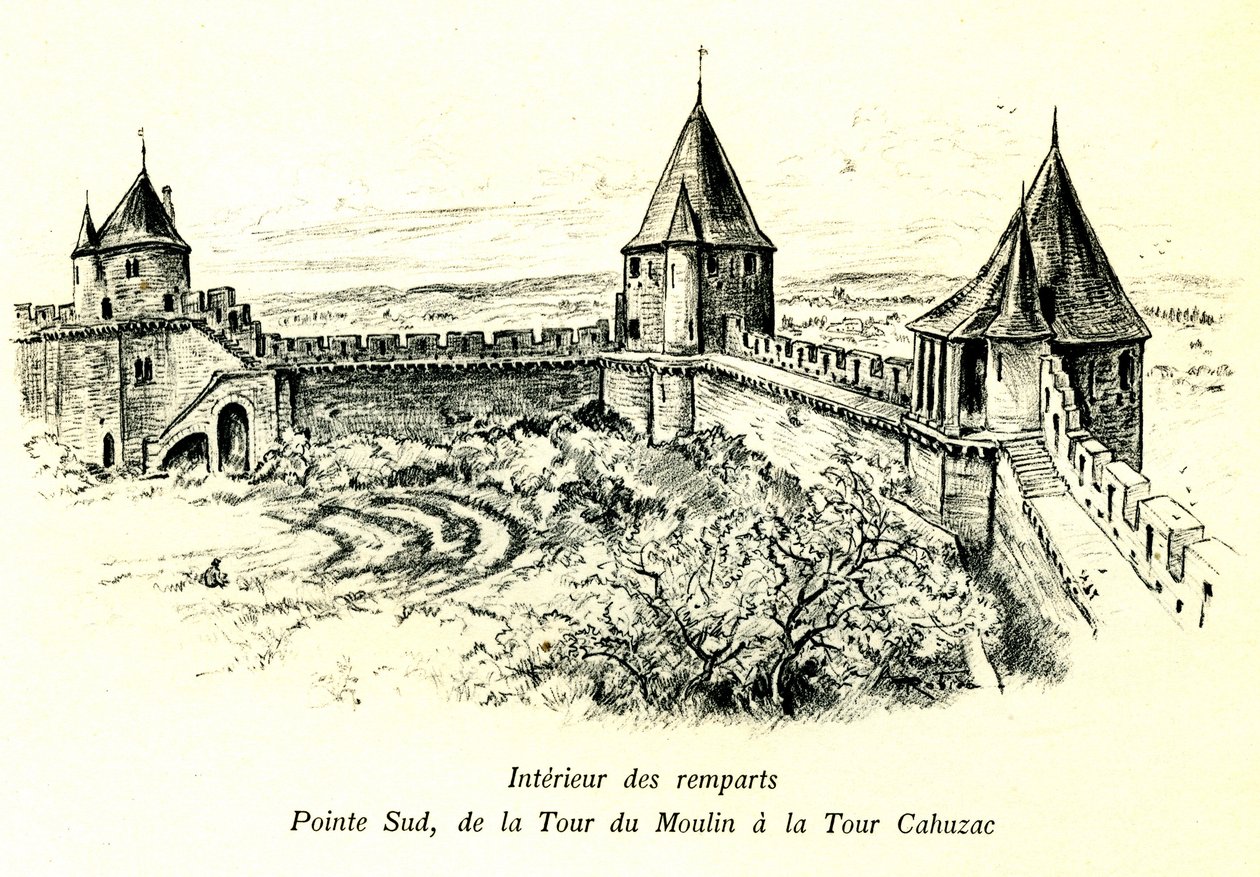 Keskiaikainen Carcassonnen kaupunki (Aude, Languedoc, Cathar Country) - Vallien sisäpuoli, eteläkärki, Moulin-tornista Cahuzacin torniin - Ulkoilmateatterin sijainti - Albert Robidan (1848-1926) romanttinen kaiverrus begissä julkaistu kirja af Albert Robida