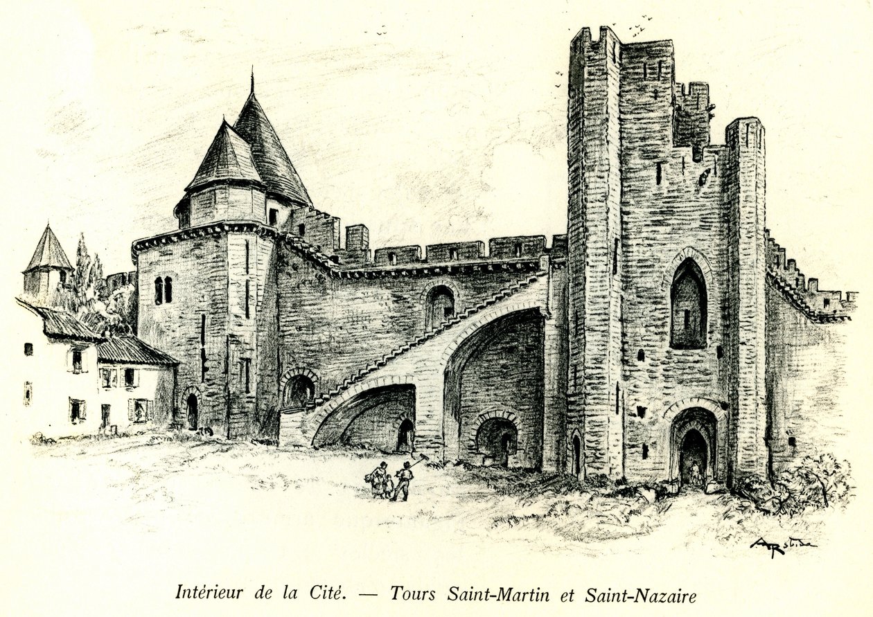 Medievale Cite de Carcassonne (Aude, Languedoc, Pays Cathare) - Tours Saint Martin (Saint Martin) og Saint Nazaire (Saint Nazaire) med huse bygget mod voldene - romantisk gravering af Albert Robida (1848-1926) i en bog udgivet på begynder af Albert Robida