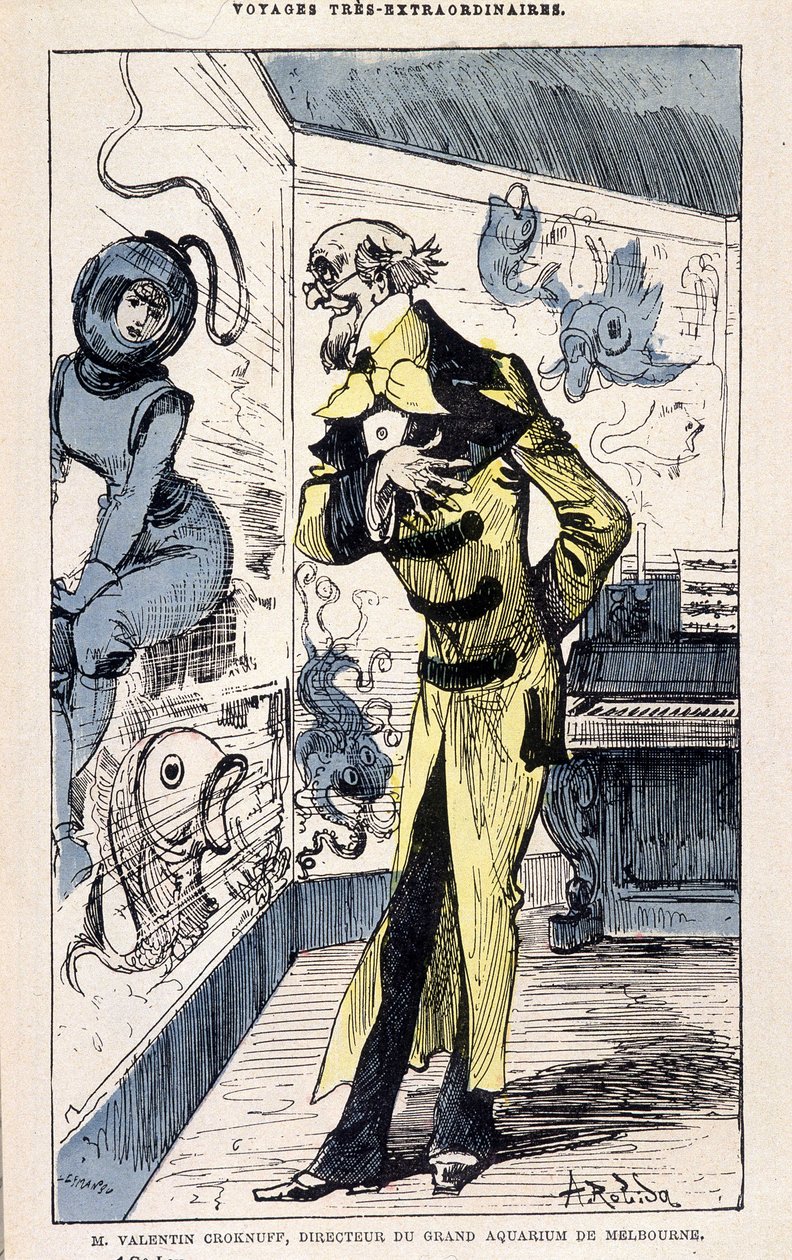 Hr. Valentin Croknuff, direktør for det store akvarium i Melbourne, parodi på Jules Verne, "" Meget ekstraordinære rejser af Saturnin Farandoul til 5 eller 6 dele af verden og til alle lande kendt eller ukendt for Mr. Jules Verne" af Robida, Paris af Albert Robida