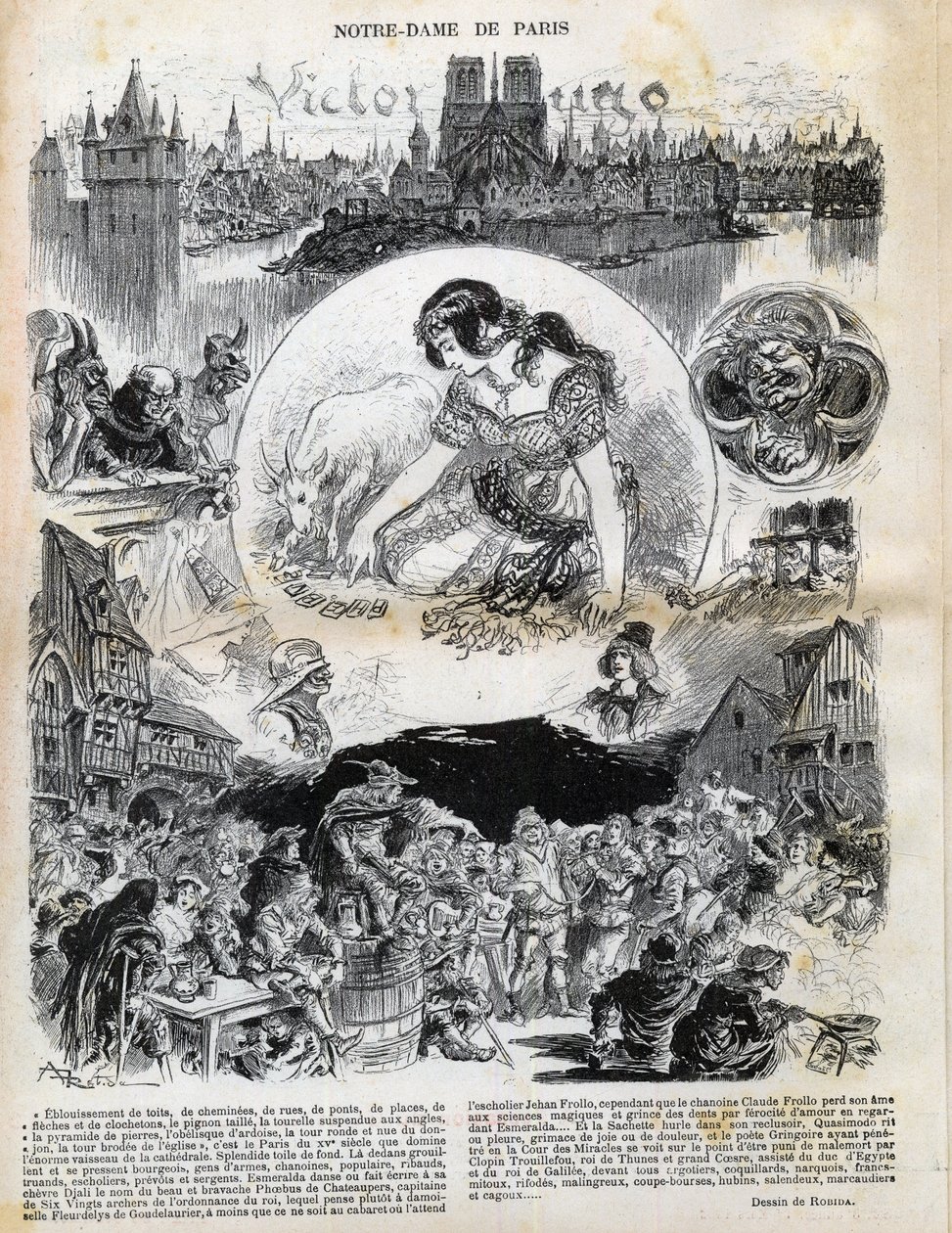 Notre Dame de Paris af Victor Hugo (1802-1885) (Notre-Dame de Paris) tegning af Albert Robida (1848-1926) i "" Le rire "" fra 1902 af Albert Robida