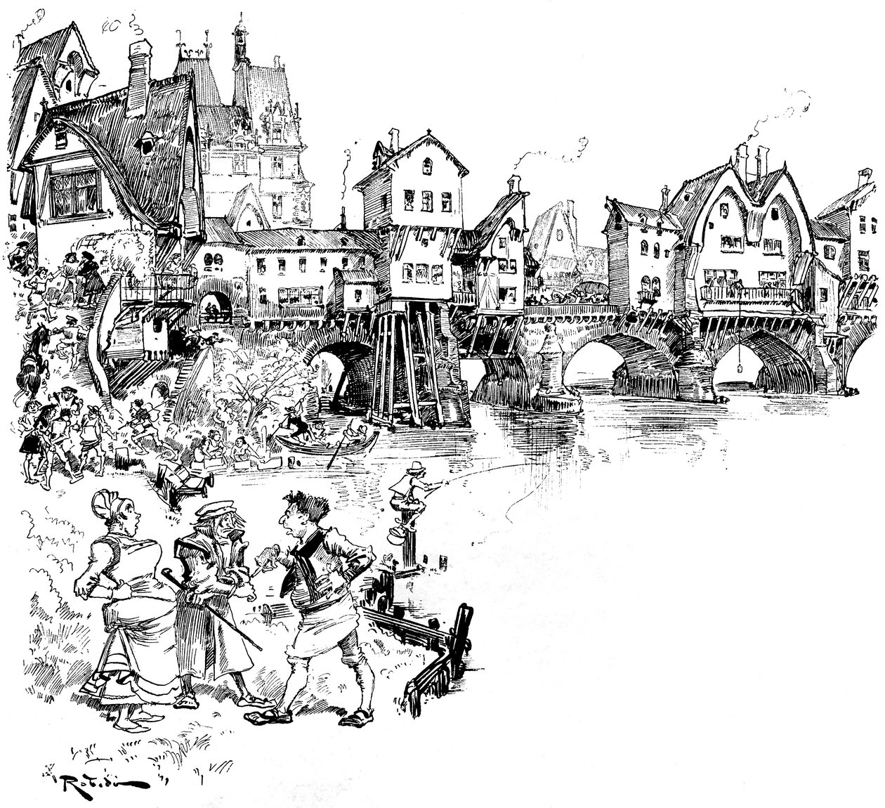 Paris: Seinen, bro med huse, indbyggere, parisere, scener af parisisk liv i middelalderen - arkitektur - byhabitat - flod - illustration af Albert Robida (1848-1926) af Albert Robida