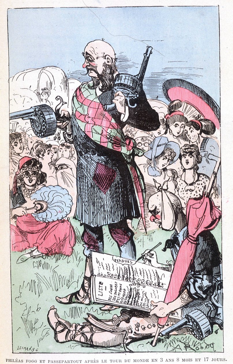 Philéas Fogg og Passepartout efter verdensturnéen på 3 år 8 måneder og 17 dage, parodi på Jules Verne, "" Meget ekstraordinære rejser af Saturnin Farandoul i 5 eller 6 dele af verden og i alle lande kendt eller ukendt for Mr. Jules Verne"" af af Albert Robida