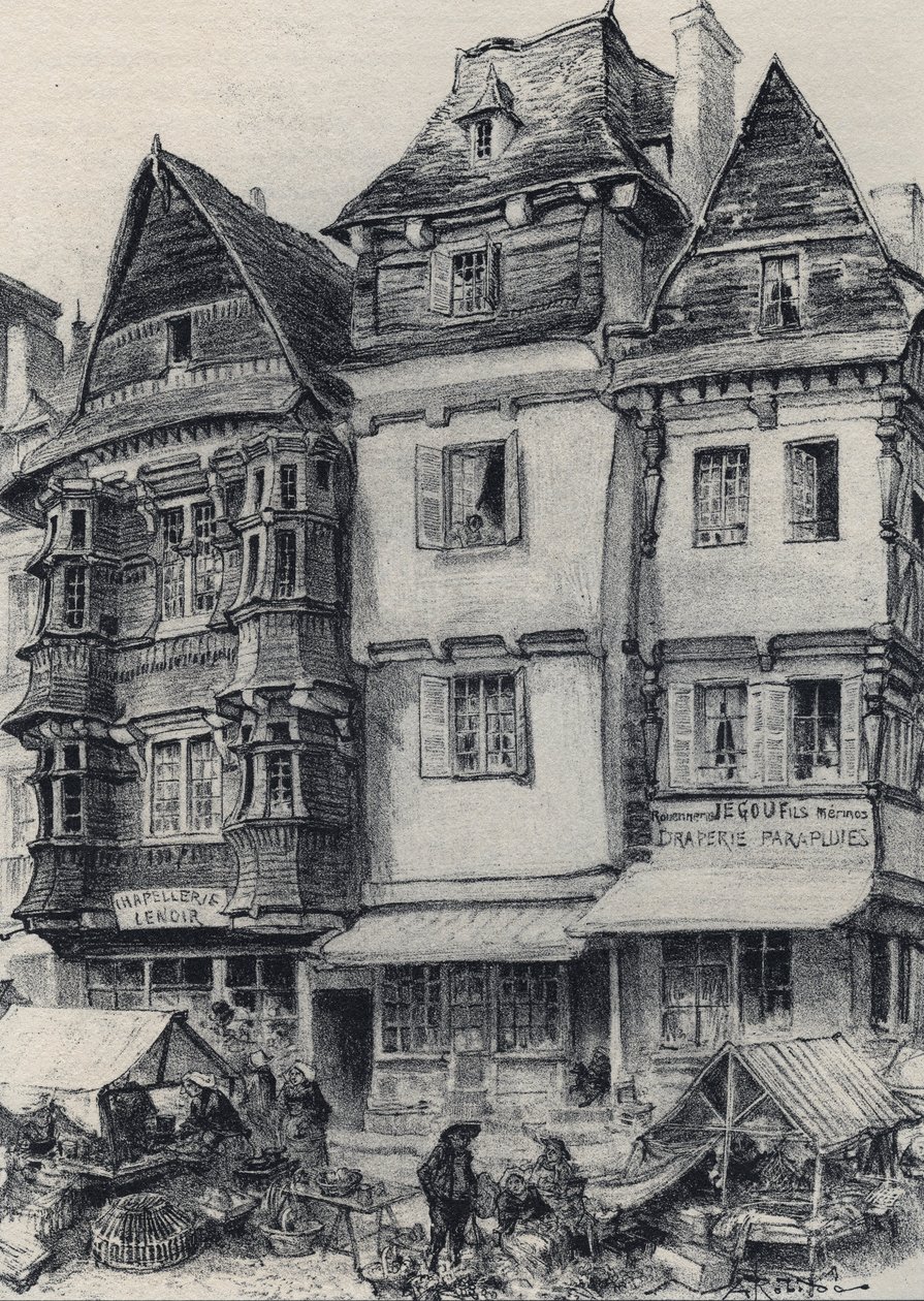 Place du marche i Lannion - Det gamle Frankrig - Bretagne - tekst, tegninger og litografier, af Albert Robida (1848-1926) udateret slutningen af ​​1800-tallet af Albert Robida