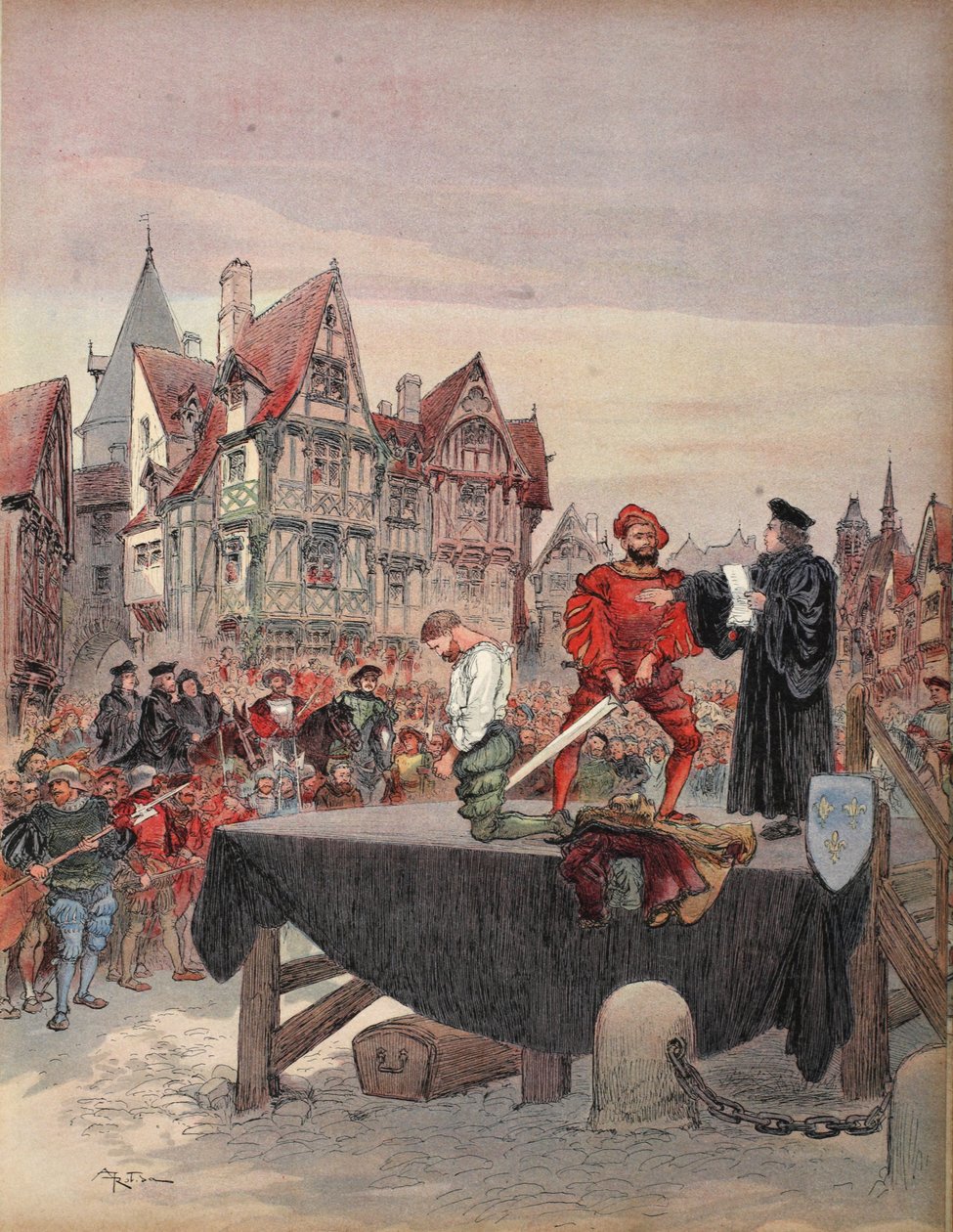 Saint Vallier benådet på stilladset, illustration fra "Francois Ier: Le Roi Chevalier, af George G. Toudouze, udg. 1909 af Albert Robida