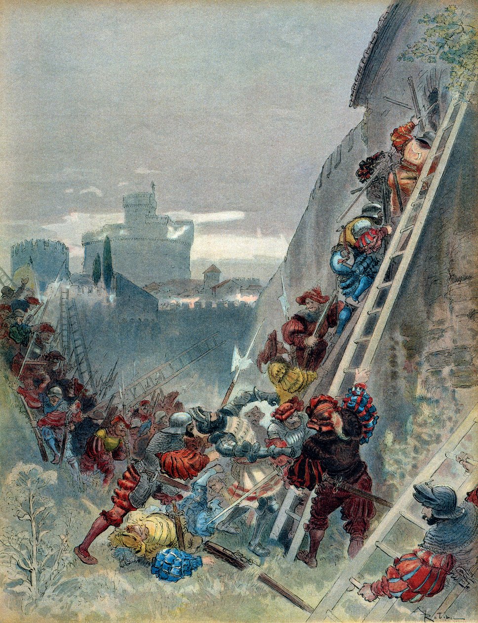 Syvende italienske krig (1526-1529): Karl III af Bourbons død (1490-1527) ved belejringen af Rom den 6. maj 1527. Illustration af Albert Robida