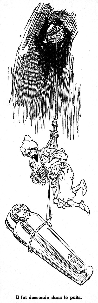 Sindbad merimies (Sinbad) - tarina tuhannesta ja yhdestä (1001) yöstä - kuvitus kirjasta vuodelta 1948 (Fortin-painos, kokoelma Wonderful Imaging of Childhood), joka kertoo seikkailuistaan - Albert Robidan (1848 - 1926) kuvitus - Neljäs matka : Si af Albert Robida