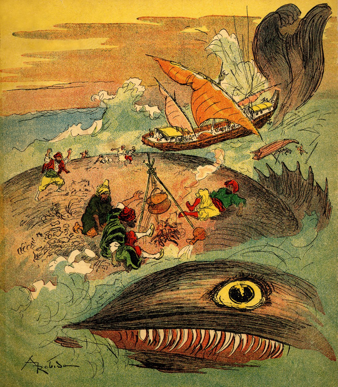 Sømanden Sindbad (Sinbad) - fortælling om de tusind og en nat (1001) - bog fra 1948, der fortæller sine eventyr (Fortin-udgaven, Wonderful Imaging of childhood collection) - illustration af Albert Robida (1848 - 1926): Sindbad og hans ledsagere har mislykk af Albert Robida