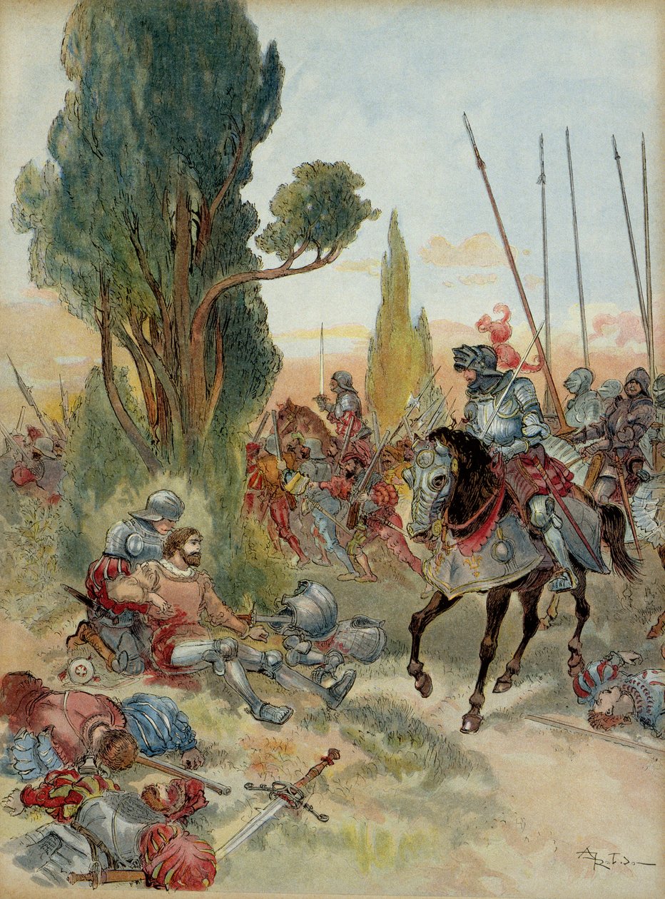 Sjette italienske krig (1521-1526): Pierre Terrail de Bayards død (1476-1524), såret af et arkebusangreb på Rebec (Italien), i 1524, stod Charles de Montpensier, der var forbundet fra Bourbon (1490-1527), over for ham . Illustration af Albert Robida