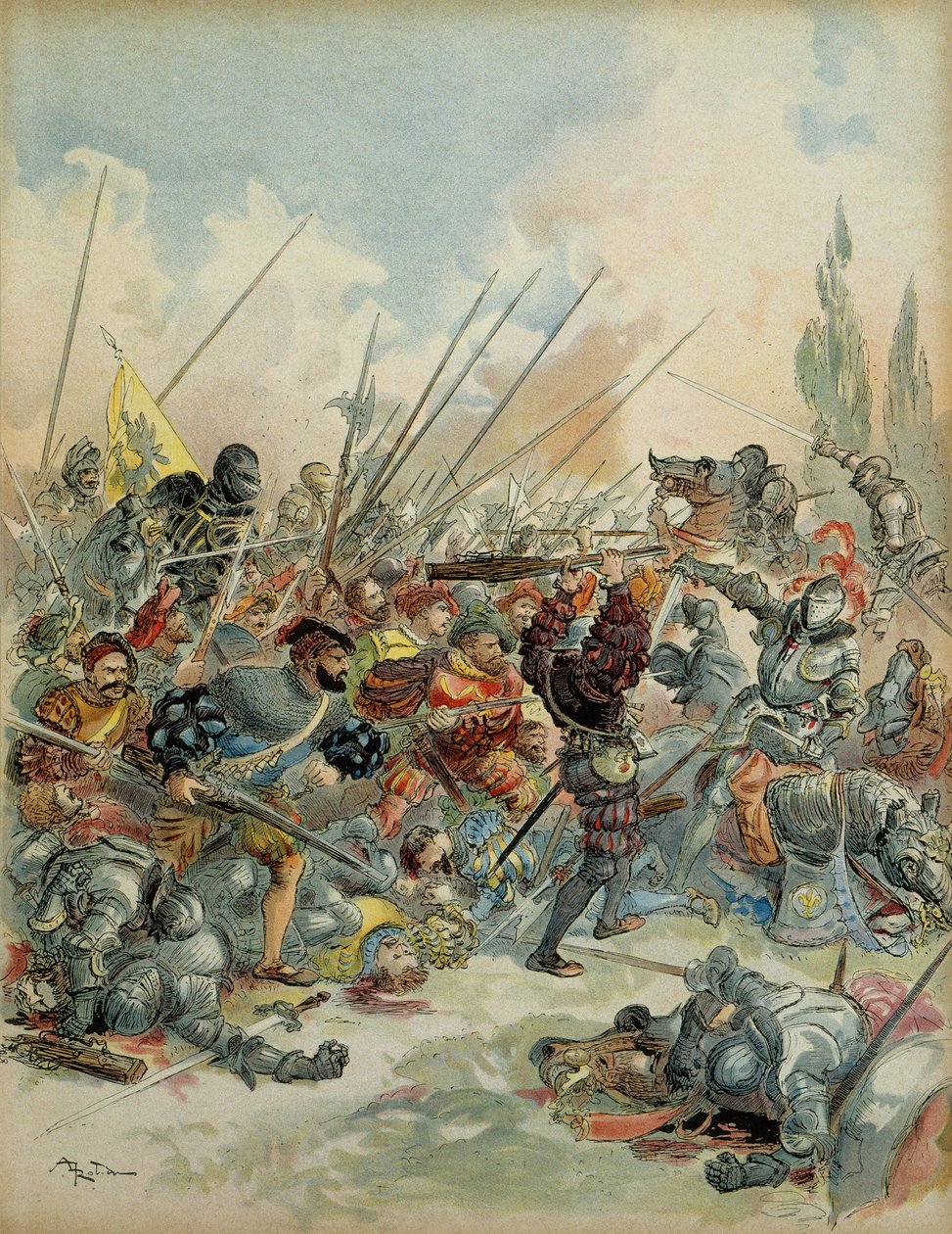 Sjette italienske krig (1521-1526): Kong Francois I (1494-1547) i Pavia (Italien) den 24. februar af Albert Robida