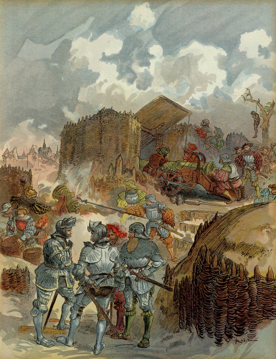 Sjette italienske krig (1521-1526): Pierre Terrail de Bayard (1476-1524) ved hovedkvarteret i Mezieres i 1521. Illustration af Albert Robida