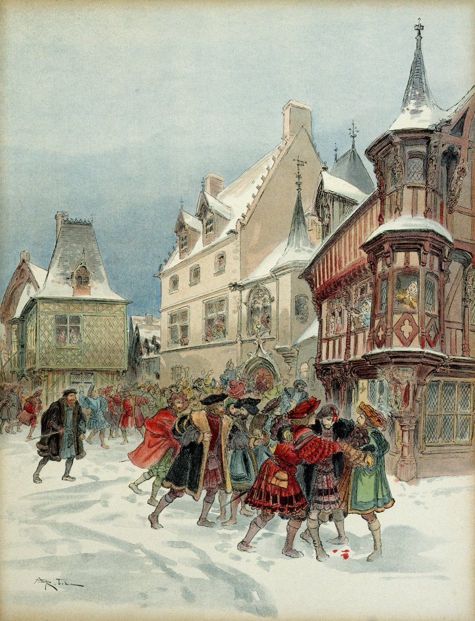 Sneboldkamp i Romorantin (Frankrig). Kong Francois I (1494-1547) sårede angrebet på Saint Pols residens den 6. januar af Albert Robida