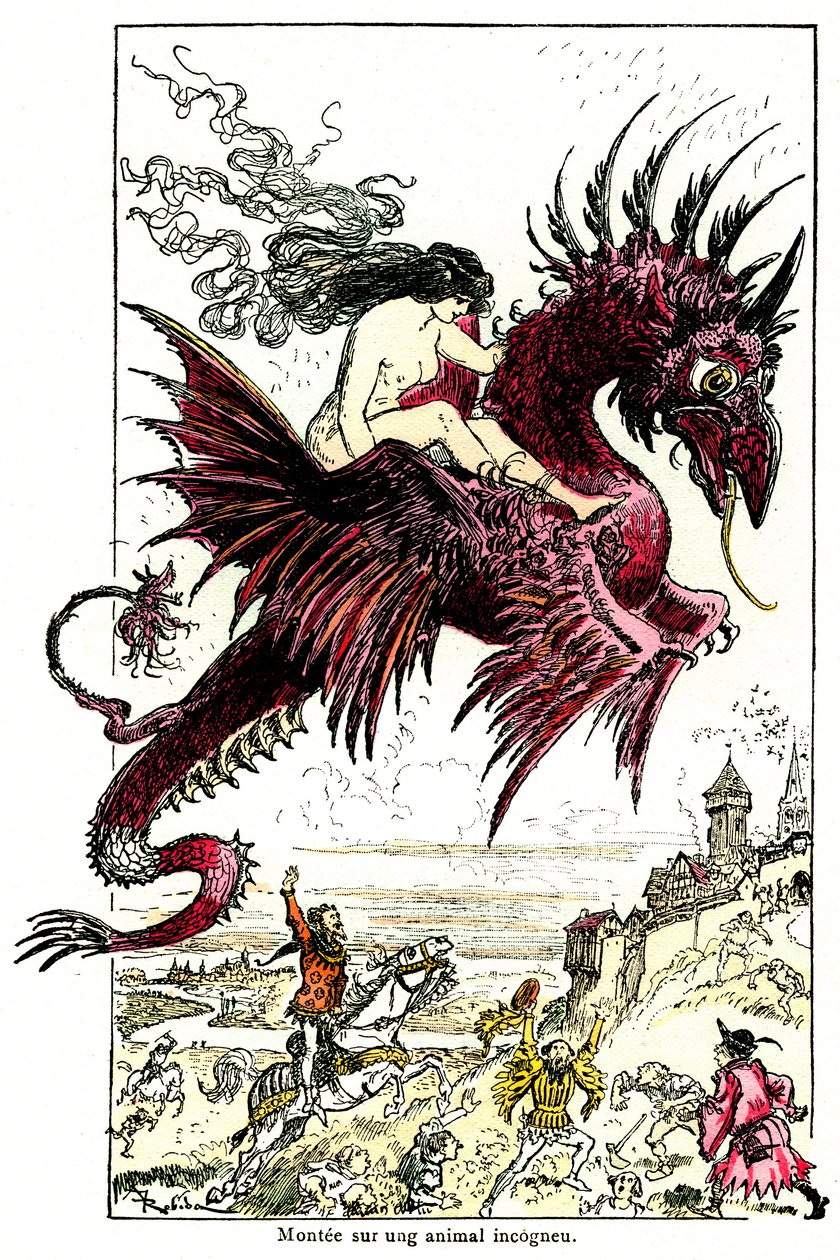 Succubus: kvindelig dæmon (kvinde - kvinde) rider på en drage - illustration af Albert Robida til Drolatic Tales af Honore de Balzac - begyndelsen af det 20. århundrede af Albert Robida