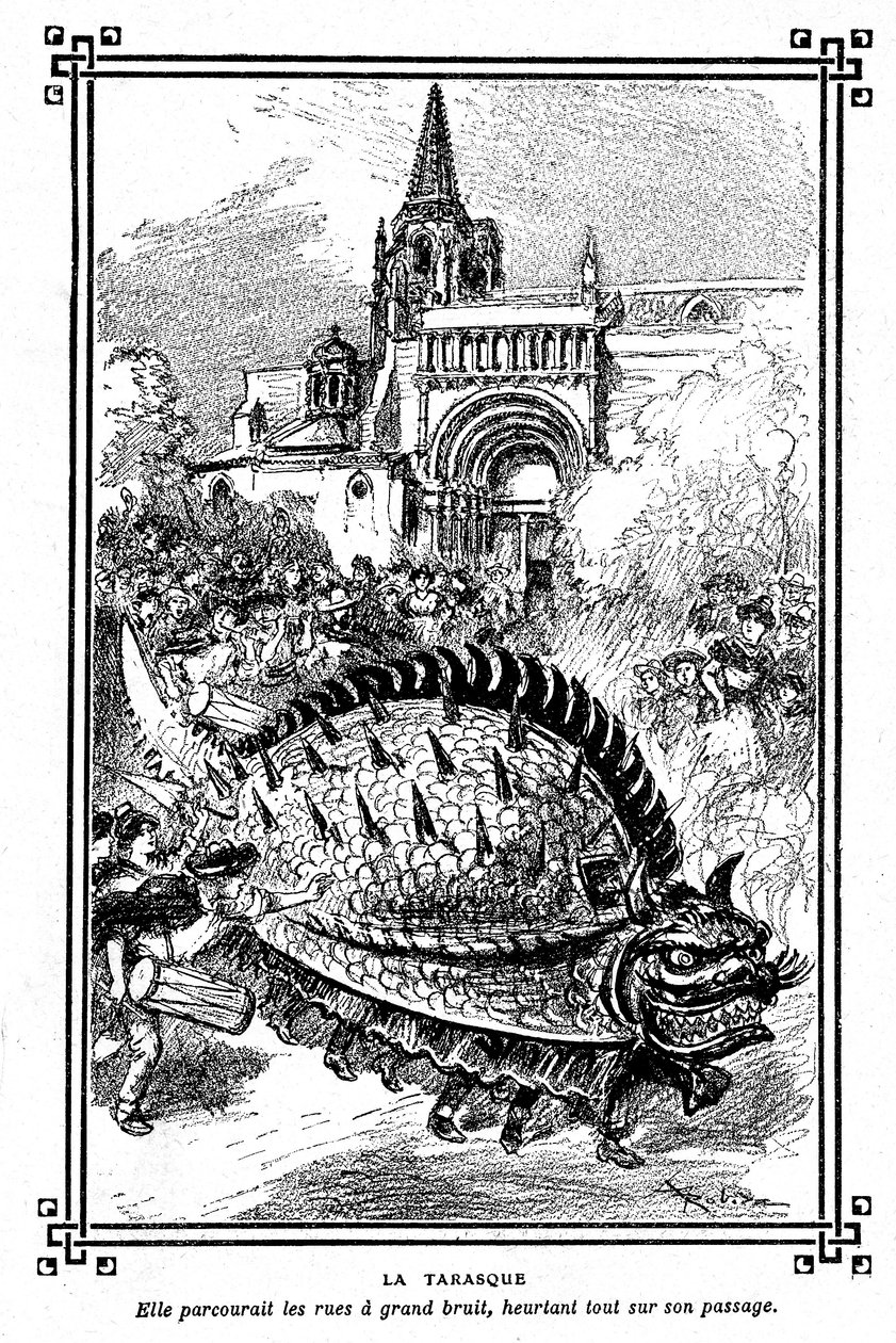 Tarasconin taraski, upea Provencen kansanperinteen hirviö: Albert Robidan kuvitus A Mironneaun koulukirjasta "Choice of readings", Librairie Armand Colin 1911 - af Albert Robida