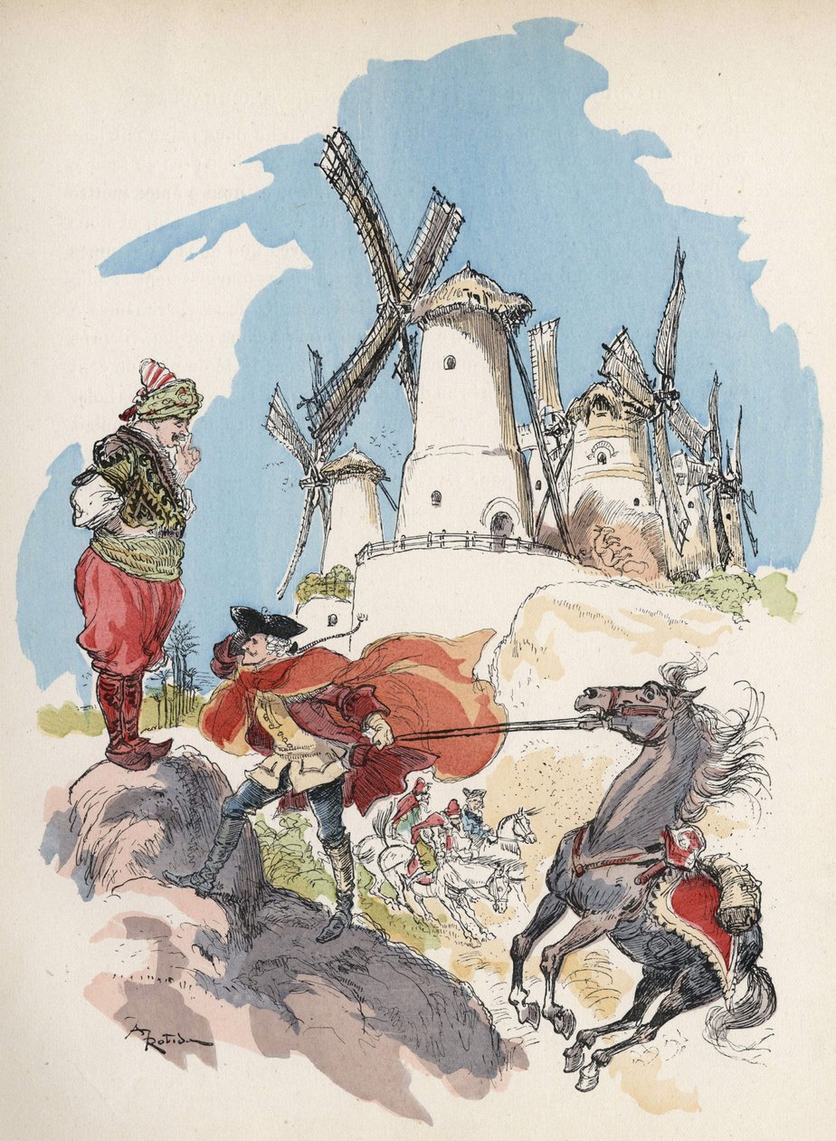 Baronen de Munchausen, der lige har krydset den egyptiske grænse, er fanget i en storm fremkaldt af en stor skikkelse for at få de 7 møller til at køre. "" Illustration af Albert Robida - i "" History and Adventures of the Baron de Munchausen"" (Munchhause af Albert Robida