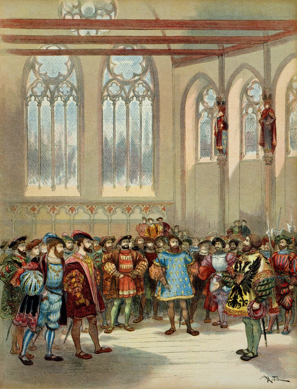 Bourgogne-herauten, sendt af Charles V (1500-1558), blev modtaget af Francois I (1494-1547) i den store sal i Parliamentarom i Paris, første halvdel af det 16. århundrede. Illustration af Albert Robida