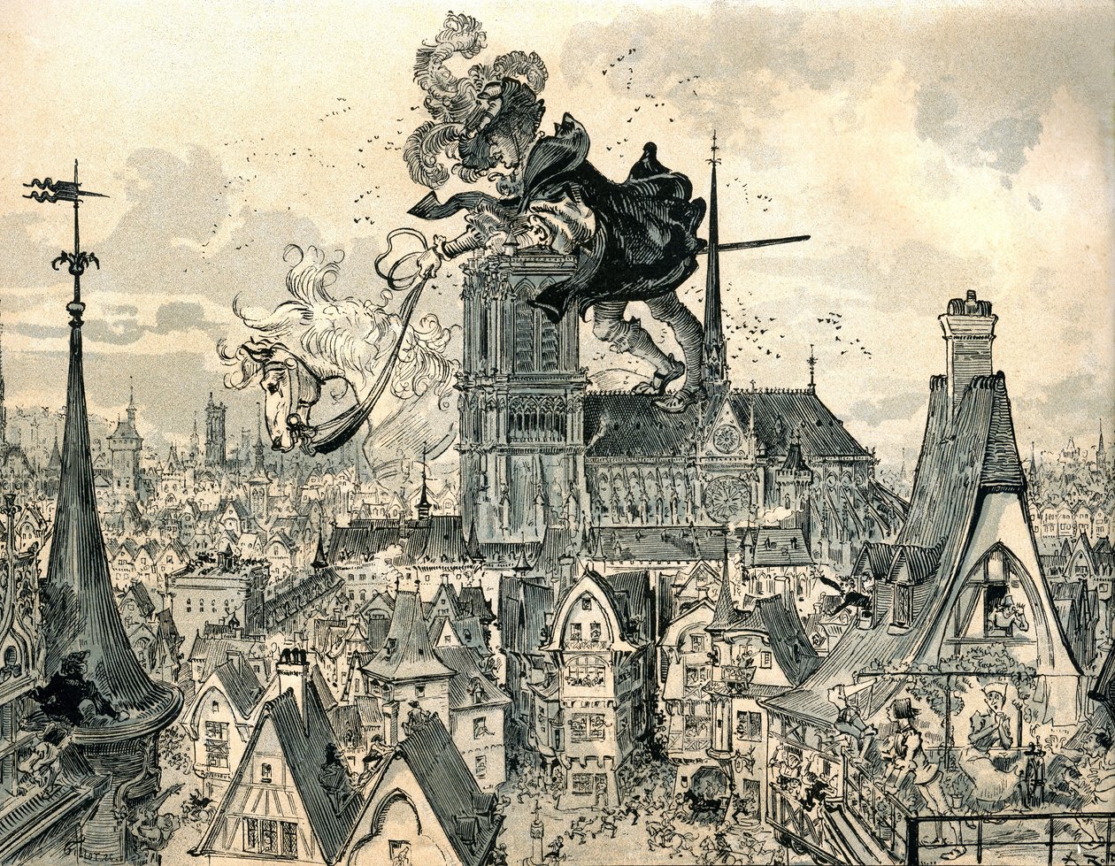 The Giant Gargantua jumps from his horsedani af Albert Robida