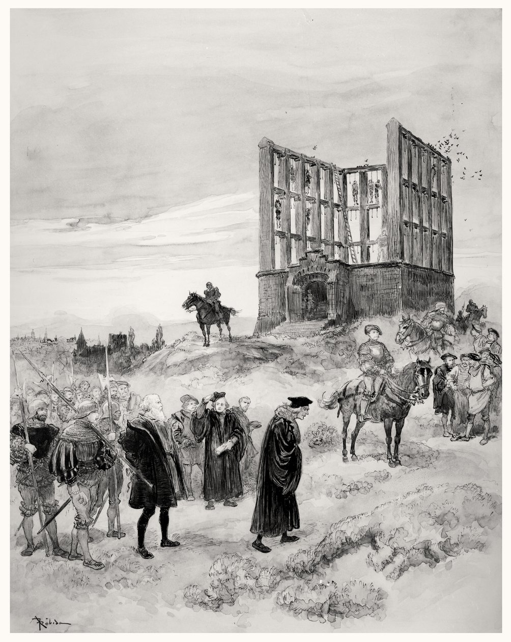 Superintendenten Jacques de Semblancay (ca. 1445-1527) dømt til døden, på vej op til Montfaucon Gibbet, 1909 (wc på papir) af Albert Robida