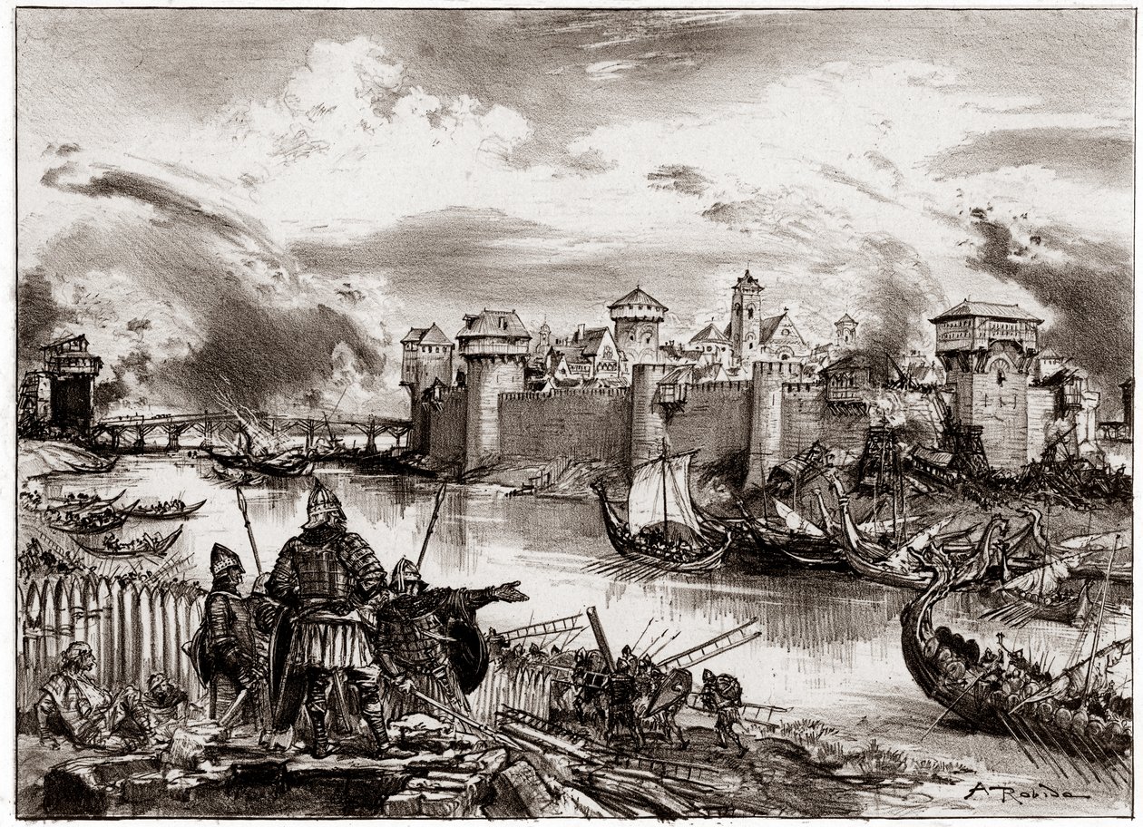 Vikingerne, normanniske pirater under ledelse af deres leder Siegfried, belejrer Paris (kobberstik) af Albert Robida