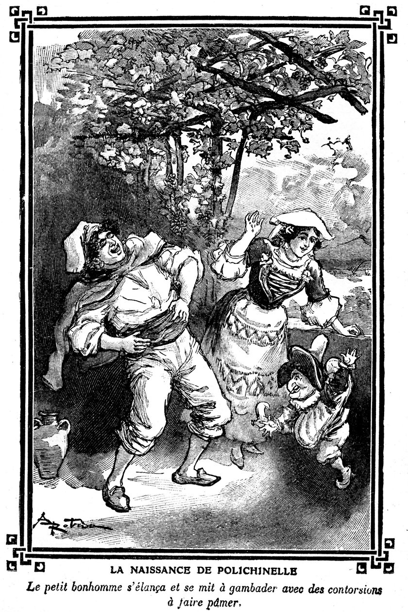 Polichinelles fødsel. Tegning af Albert Robida (1848-1926) i en bog med børnelæsninger 1920-1930. af Albert Robida